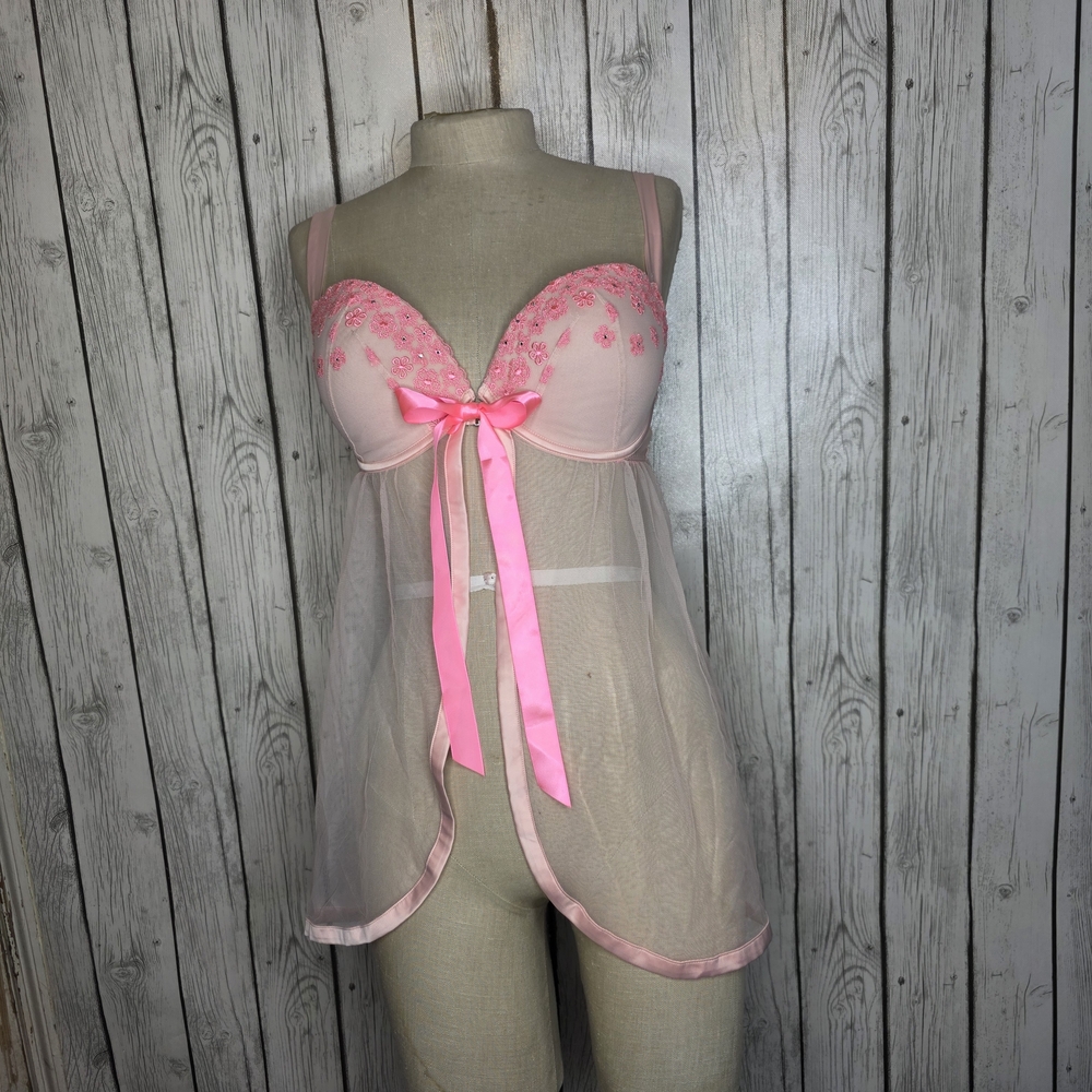 Victoria's Secret Light Pink Sheer Lace Babydoll Chemise with Satin Bow Coquette